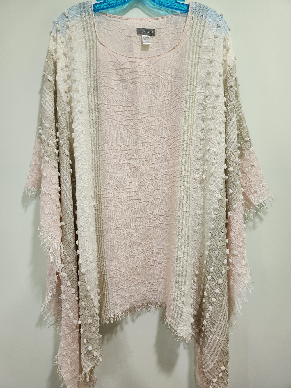 Demdaco Cream and Blush Pom-Pom Knit Poncho